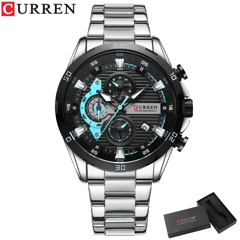 Relógio Masculino Pulseira de Aço Inoxidável CURREN Mostrador Luminoso