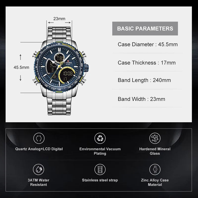 Relógio Masculino Quartzo Militar NAVIFORCE de Luxo Pulseira de Aço À Prova D' Água