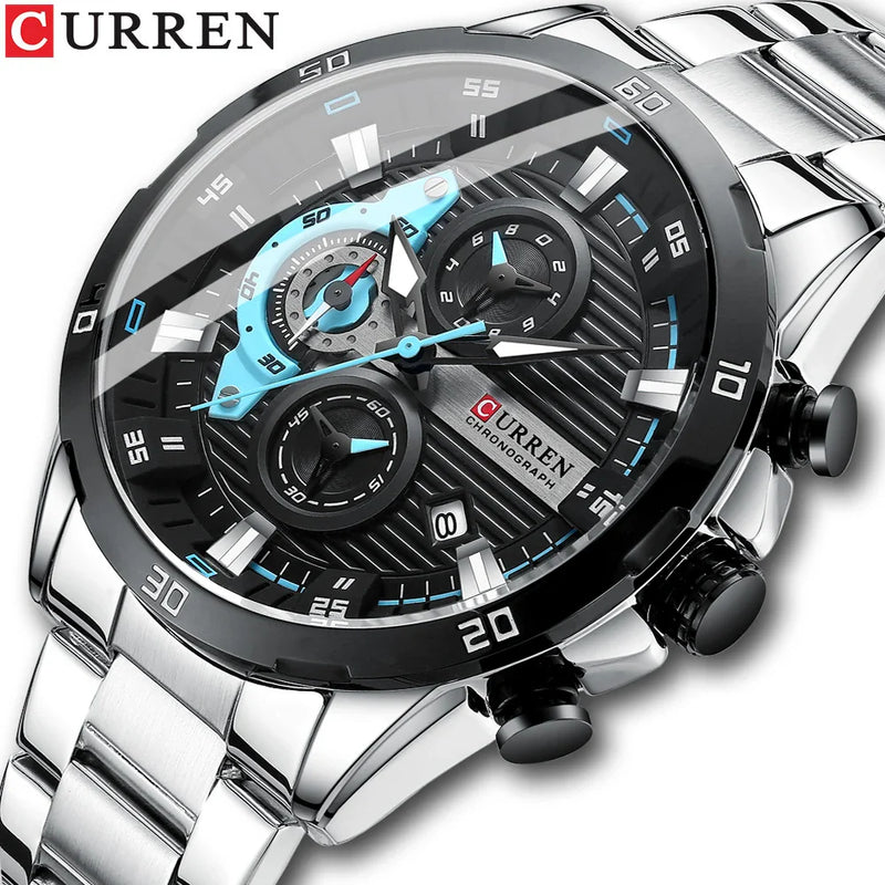Relógio Masculino Pulseira de Aço Inoxidável CURREN Mostrador Luminoso