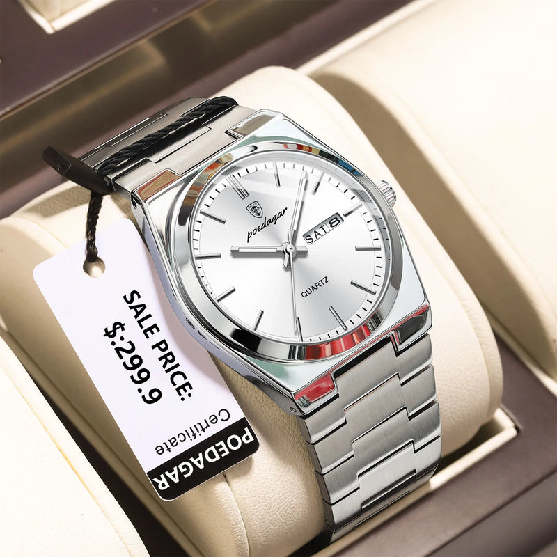 Relógio Masculino de Luxo POEDAGAR de Quartzo com Pulseira de Aço Inoxidável à Prova D'Água