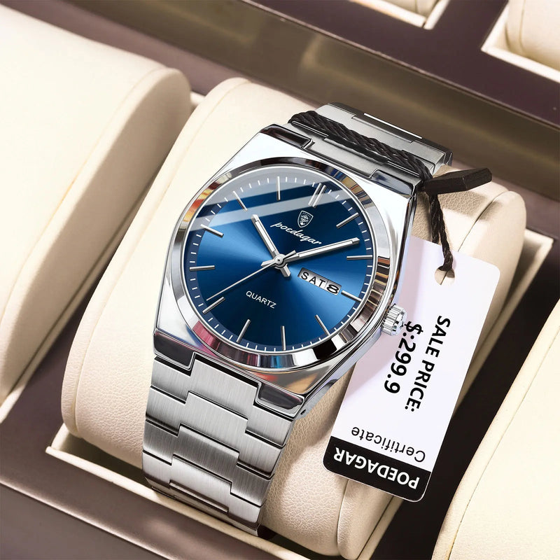 Relógio Masculino de Luxo POEDAGAR de Quartzo com Pulseira de Aço Inoxidável à Prova D'Água