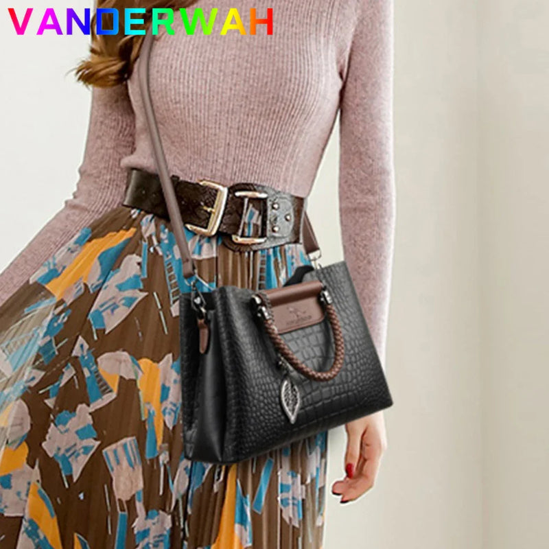 Bolsa Feminina de Couro 3 Camadas Jacaré de Luxo Crossbody