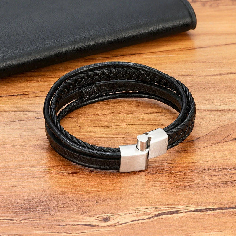Pulseira de Couro Luxo Fivela Magnética de Aço Inoxidável