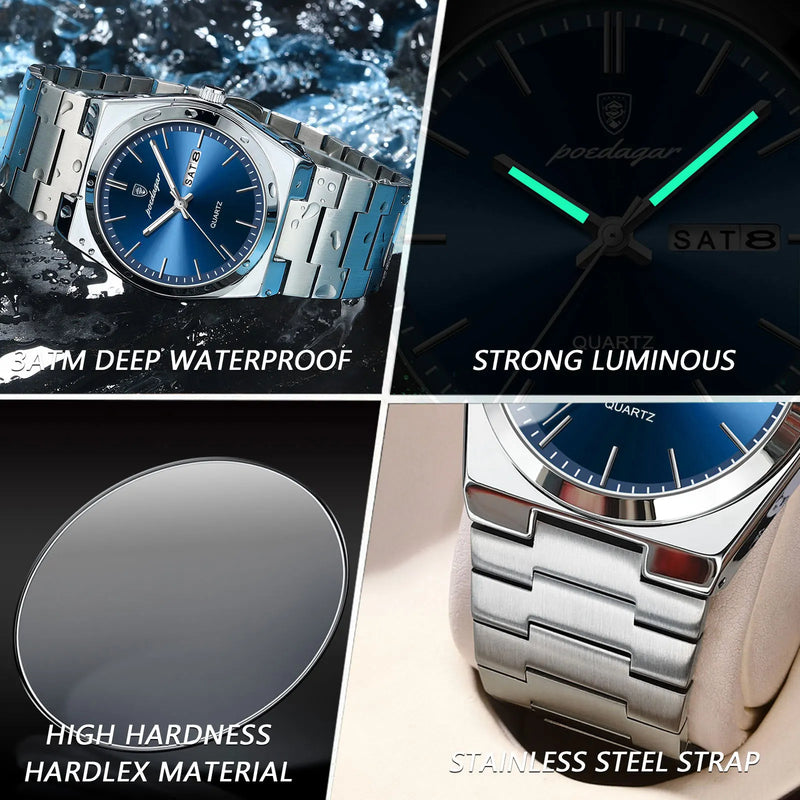 Relógio Masculino de Luxo POEDAGAR de Quartzo com Pulseira de Aço Inoxidável à Prova D'Água