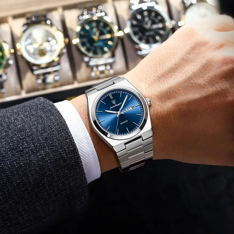 Relógio Masculino de Luxo POEDAGAR de Quartzo com Pulseira de Aço Inoxidável à Prova D'Água