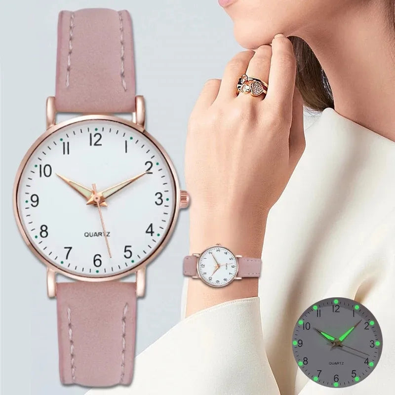 Relógio Feminino de Quartzo de Luxo Luz de Fundo com Pulseira de Couro
