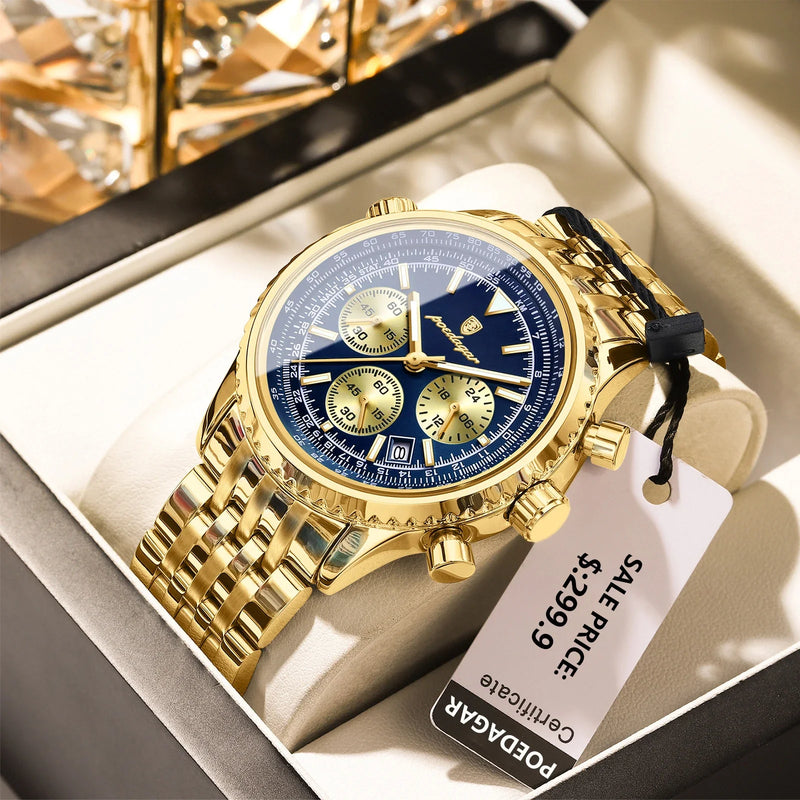 Relógio Masculino de Luxo POEDAGAR Pulseira de Aço Inoxidável à Prova D'Água