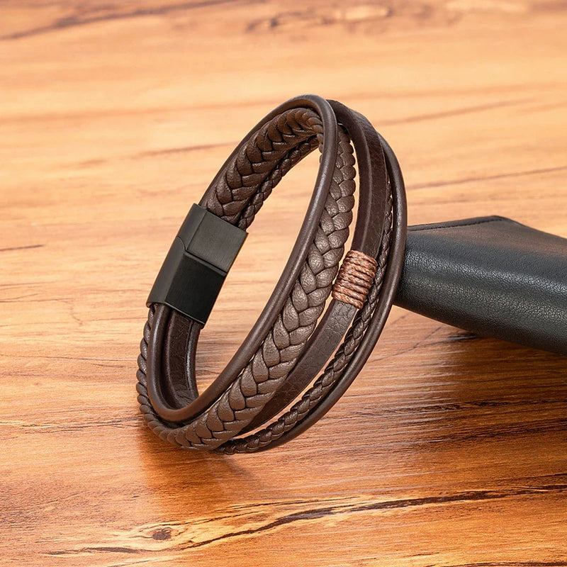 Pulseira de Couro Luxo Fivela Magnética de Aço Inoxidável