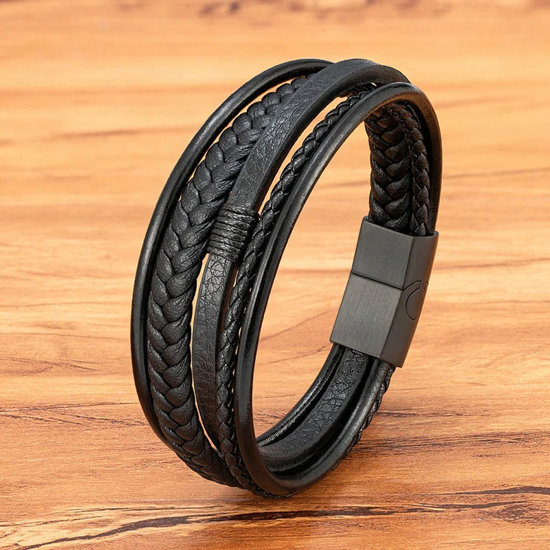 Pulseira de Couro Luxo Fivela Magnética de Aço Inoxidável