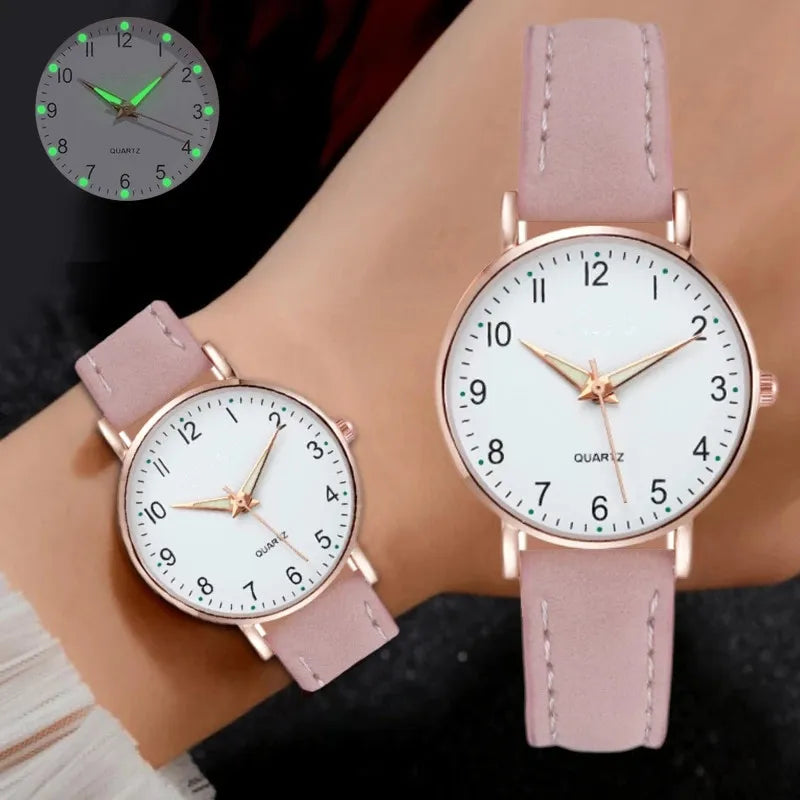Relógio Feminino de Quartzo de Luxo Luz de Fundo com Pulseira de Couro