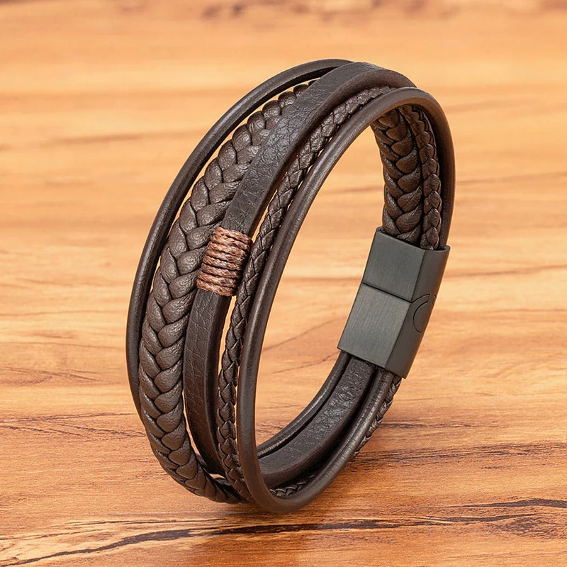 Pulseira de Couro Luxo Fivela Magnética de Aço Inoxidável